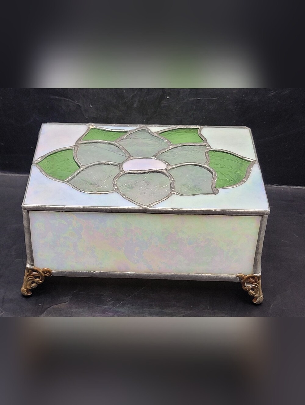 Vintage Handmade Stained Glass Flower Rose Trinket Box